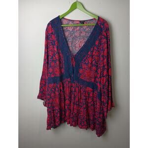 Torrid Women's Blouse Tunic Boho Floral V Neck Long Sleeve Size 6X Red Blue